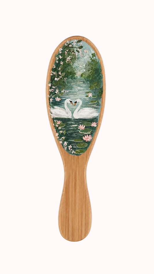 Swan Lily Serenity – Hand-Painted Wooden Hair Brush